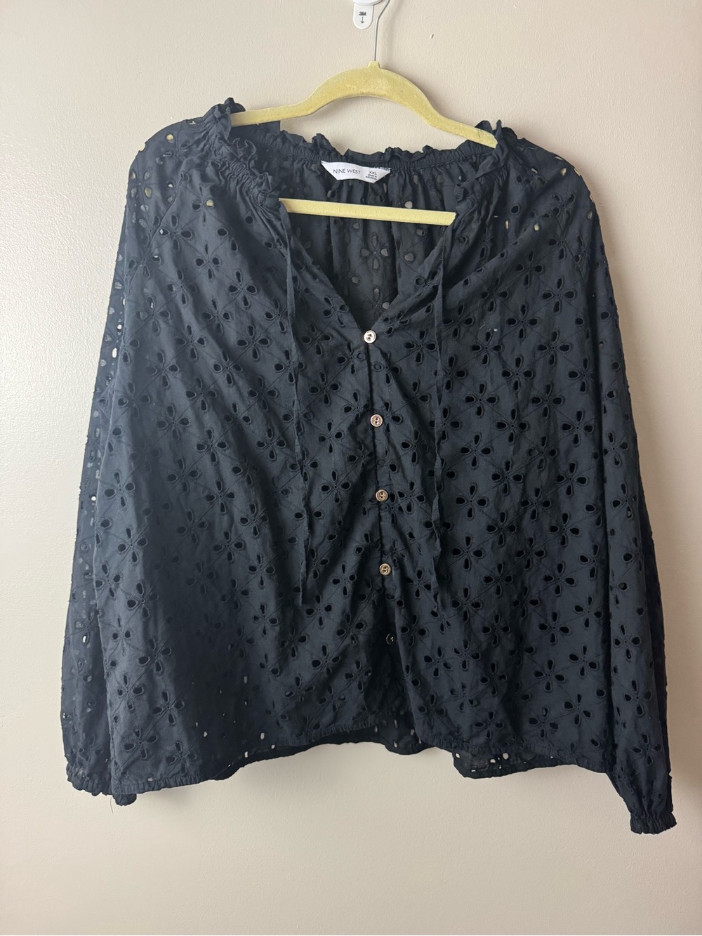 Nine West Black Eyelet Button-Front Top XXL Minimalist Cottagecore Cotton Casual